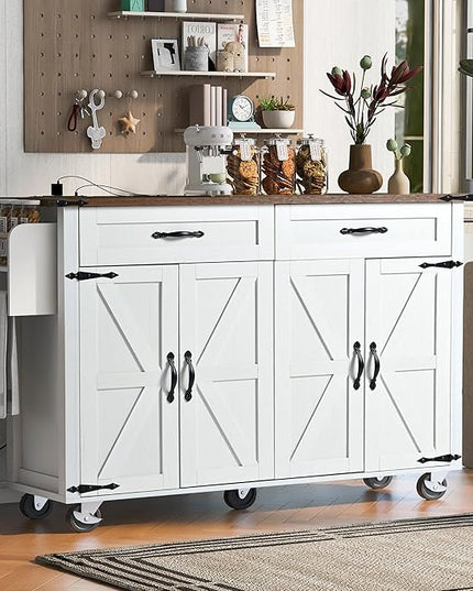 53.5'' Farmhouse Kitchen Island with Power Outlet, Kitchen Storage Island with Drop Leaf, Spice Rack and Drawer, Rolling Kitchen Cart on Wheels for Home, Kitchen and Dining Room, White - LeafyLoom