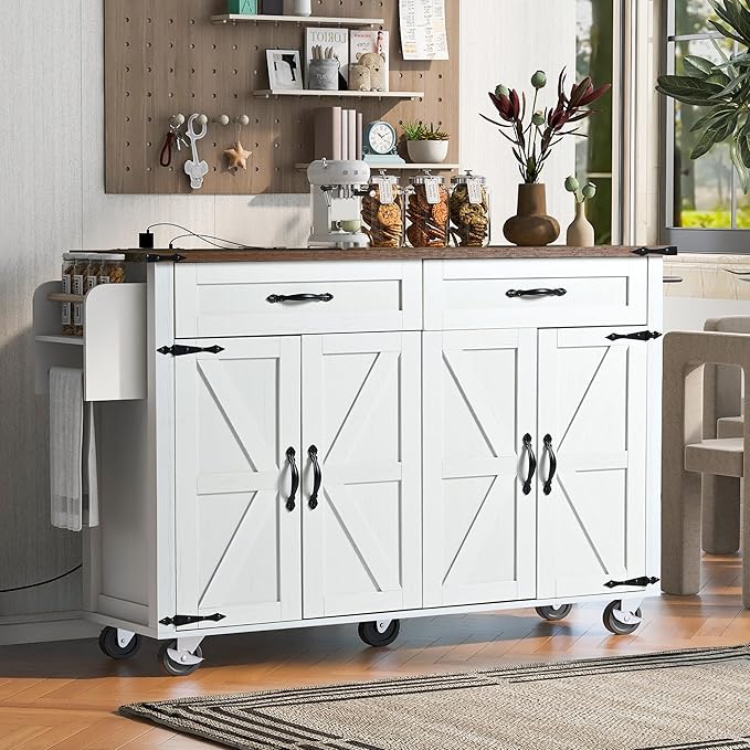 53.5'' Farmhouse Kitchen Island with Power Outlet, Kitchen Storage Island with Drop Leaf, Spice Rack and Drawer, Rolling Kitchen Cart on Wheels for Home, Kitchen and Dining Room, White - LeafyLoom