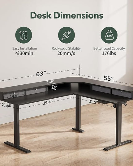 FEZIBO 63" L Shaped Standing Desk with 4 Drawers, Electric Standing Gaming Desk Adjustable Height, Corner Stand up Desk with Splice Board, Black Frame/Black Top - LeafyLoom
