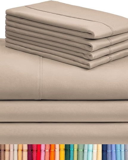 LuxClub 7 PC Split King Sheet Set, Breathable Luxury Bed Sheets, Deep Pockets 18" Eco Friendly Wrinkle Free Cooling Sheets Machine Washable Hotel Bedding Silky Soft - Light Khaki Split King - LeafyLoom