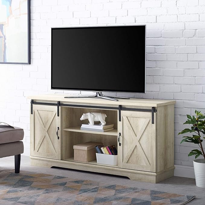Walker Edison Richmond Modern Farmhouse Sliding Barn Door TV Stand for TVs up to 65 Inches, 58 Inch, White Oak - LeafyLoom