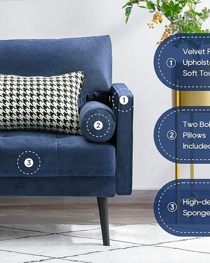 Vonanda Velvet Sofa Couch, Mid Century Modern 73 inch 3-Seater Sofa Couches with High-Density Sponge Comfy Tufted Soft Cushion and 2 Bolster Pillows for Living Room, Elegant Royal Blue - LeafyLoom
