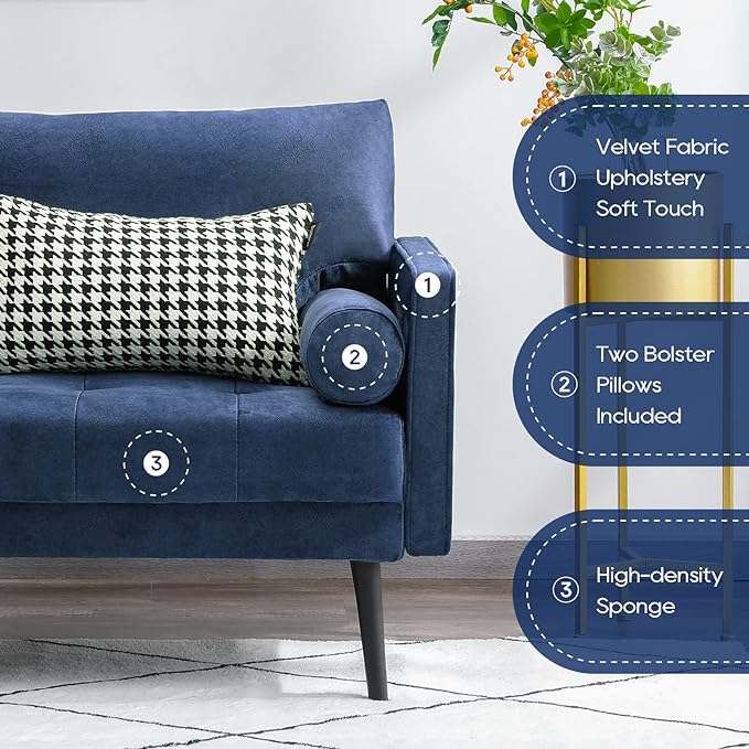 Vonanda Velvet Sofa Couch, Mid Century Modern 73 inch 3-Seater Sofa Couches with High-Density Sponge Comfy Tufted Soft Cushion and 2 Bolster Pillows for Living Room, Elegant Royal Blue - LeafyLoom