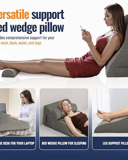 Reading Pillows for Sitting in Bed Adult Back Pillow for Bed Sitting Up, Back Support Pillow for Bed with Adjustable Roller, Foam Wedge Pillow for Neck, Lumbar, Back, Gray, 20 * 12 * 26IN - LeafyLoom