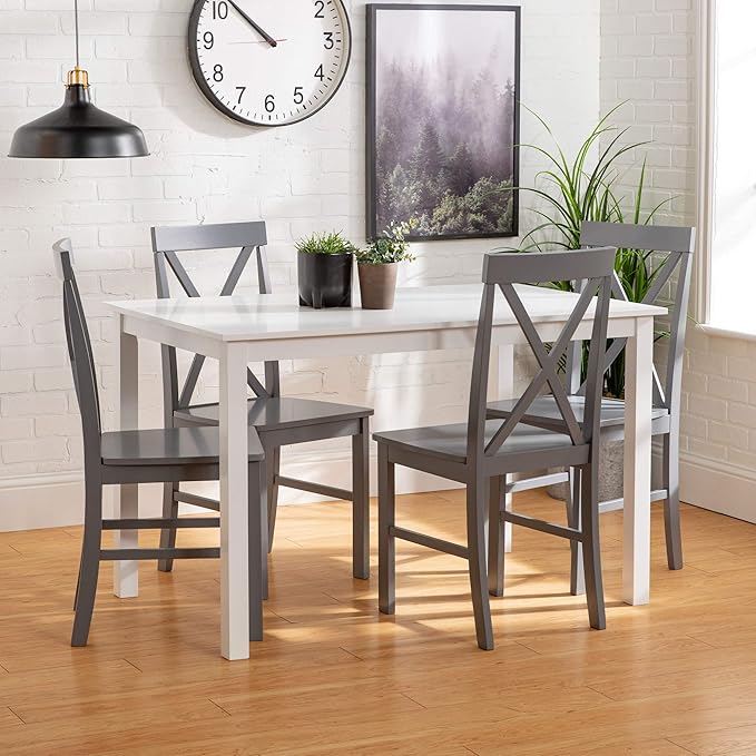 Walker Edison 4 Person Modern Farmhouse Wood Small Dining Table Dining Room Kitchen Table Set Dining 4 X Chairs Set, 48 Inch, White and Grey - LeafyLoom