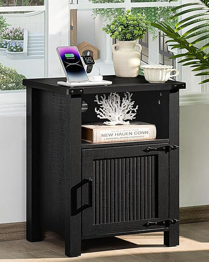 Night Stand, 18 Inch Farmhouse Nightstand with with Charging Station and USB Port, Rustic Couch End Table with Magnetic Door, Wood Bed Side Tables for Bedroom, Home, Black - LeafyLoom