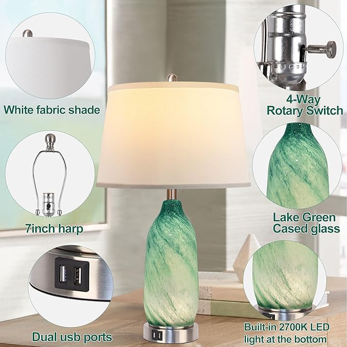 Contemporary Lake Green Glass Table Lamp with 2 USB Ports, 24.5'' Bedside Lamps Built in LED Nightlight with White Shade Coastal Modern Style Nightstand Lamp for Living Room Bedroom Office Décor - LeafyLoom