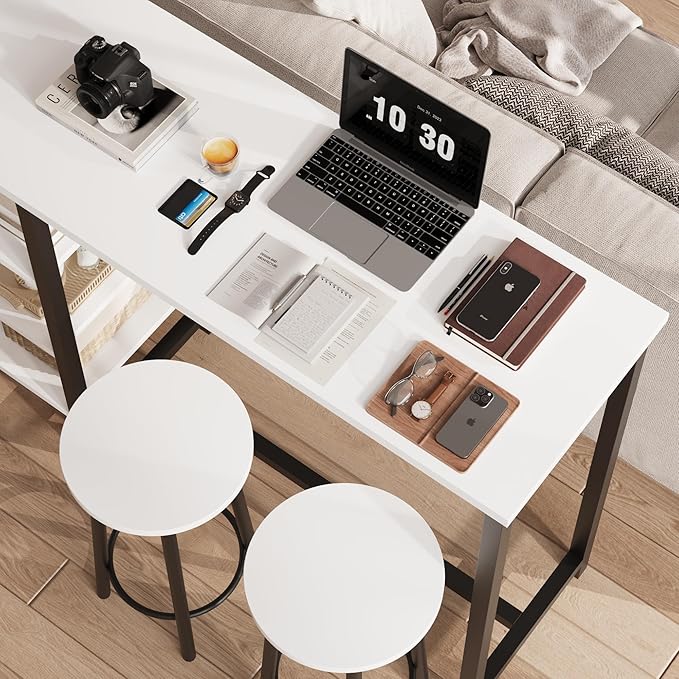IDEALHOUSE Counter Height Dining Table with Stools, Bar Table Set with 3 Storage Shelves, 3 Piece Dining Table Set for Small Space, Apartment, Kitchen, White - LeafyLoom