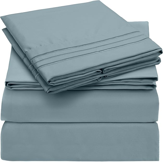 Mellanni Full Sheets Set - 4 PC Iconic Collection Bedding Sheets & Pillowcases - Hotel Luxury, Extra Soft, Cooling Bed Sheets - Deep Pocket up to 16 inch (Full, Spa Blue) - LeafyLoom