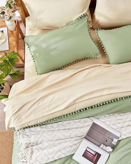 Anluoer Full Comforter Set 7 Piece, Sage Green Bed in a Bag with Sheets, Pom Pom Boho Bedding Comforter Sets with 1 Comforter, 2 Pillow Shams, 2 Pillowcases, 1 Flat Sheet, 1 Fitted Sheet - LeafyLoom