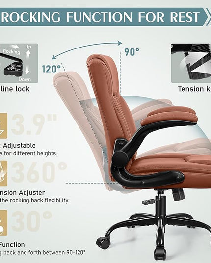 Leather Office Chair, PU Home Computer Desk Chairs with Ergonomic Back Support, 360°Swivel Free，Small Gmaing Chair with Wheels and Adjustable Armrests, for Short People Use, Brown - LeafyLoom