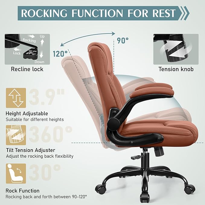 Leather Office Chair, PU Home Computer Desk Chairs with Ergonomic Back Support, 360°Swivel Free，Small Gmaing Chair with Wheels and Adjustable Armrests, for Short People Use, Brown - LeafyLoom