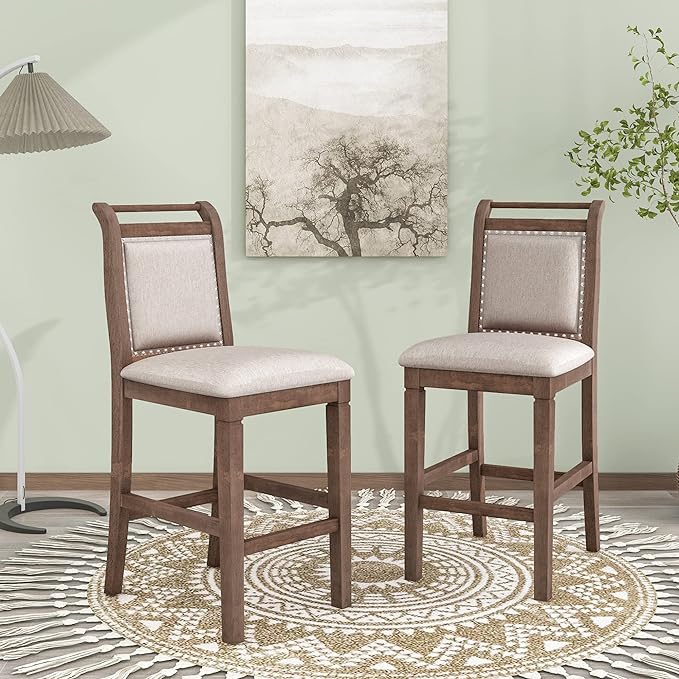 Dining Room Table Set for 2, 3-Piece Wood Counter Height Dining Table Set with Drop Leaf and 2 Upholstered Dining Chairs for Small Place, Rust Brown - LeafyLoom