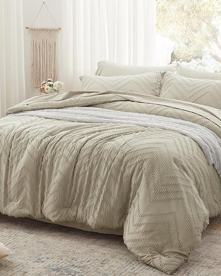 Anluoer Twin Comforter Set, Oatmeal Tufted Bed in a Bag 5 Pieces with comforters and sheets, All Season Bedding Sets with 1 Comforter, 1 PillowShams, 1 Pillowcases, 1 Flat Sheet, 1 Fitted Sheet - LeafyLoom