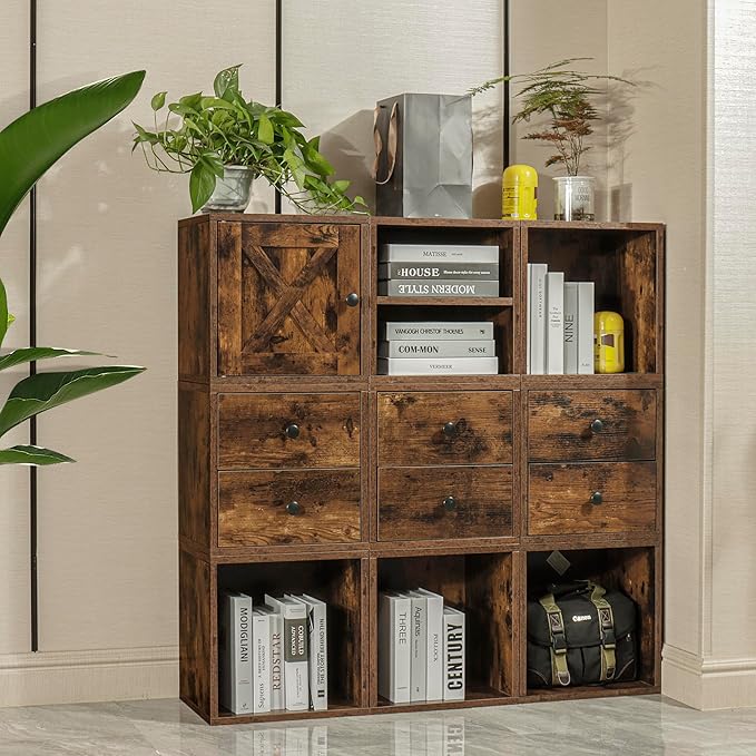 Magic DIY Cube Storage Organizer Stackable Cubes for Home Books Clothes Toy -Modular Cubby Storage System -Closet Organizer -Bookcase Closet (Antique brown, Door Cube) - LeafyLoom