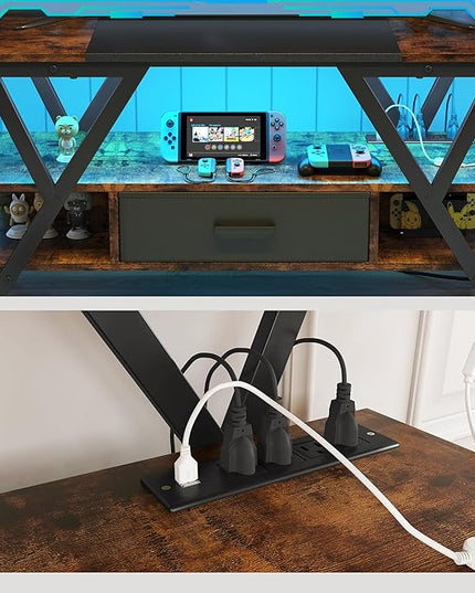 Yusong 65 inch LED TV Stand, Entertainment Center Gaming TV Table with Outlets, Up to 65" Media Console for Living Room, 29+DIY Dynamic RGB Modes, Rustic Brown and Black - LeafyLoom