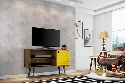 Manhattan Comfort Liberty Mid Century Modern TV Stand for Televisions up to 46 Inches, Bedroom and Living Room Entertainment Center with Storage, Shelves, and Cabinet, 43" Wide, Rustic Brown/Yellow - LeafyLoom