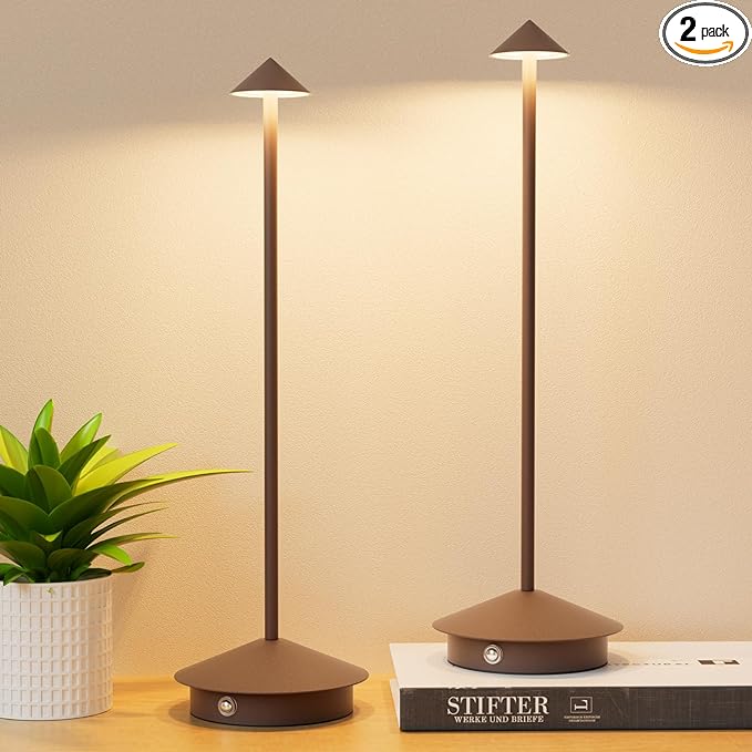 2-Pack 6000mAh Rechargeable LED Table Lamps,Outdoor Cordless Table Lamp Waterproof Portable, 3-Color Stepless Dimmable Modern Lamp for Restaurant/Bedroom(Rust) - LeafyLoom