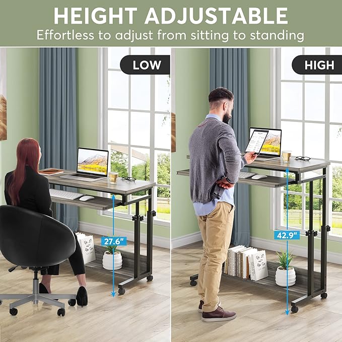 Tribesigns Portable Desk for Sofa and Bed, Height Adjustable Mobile Laptop Table Small Standing Desk Rolling Computer Cart with Keyboard Tray on Wheels for Home Office (Grey) - LeafyLoom