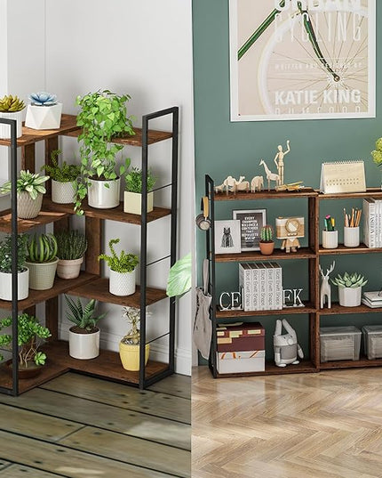Corner Book Shelf 4 Tier Industrial BookShelf L Shaped Adjustable Bookcase Office Shelves Vintage Wooden Bookshelves for Living Room Bedroom library Rustic Brown - LeafyLoom