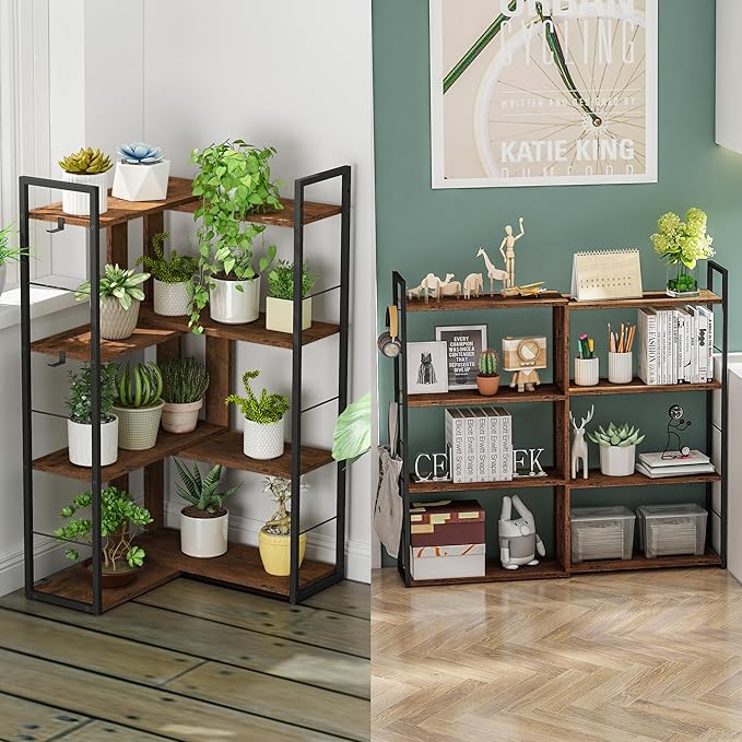 Corner Book Shelf 4 Tier Industrial BookShelf L Shaped Adjustable Bookcase Office Shelves Vintage Wooden Bookshelves for Living Room Bedroom library Rustic Brown - LeafyLoom