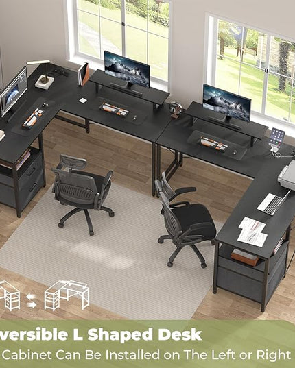 Homieasy L Shaped Computer Desk with Storage File Drawer, Reversible Home Office Desk with Recessed Power Strip and Led Strip, Corner Gaming Desk Work Study Table with Monitor Stand, Black - LeafyLoom