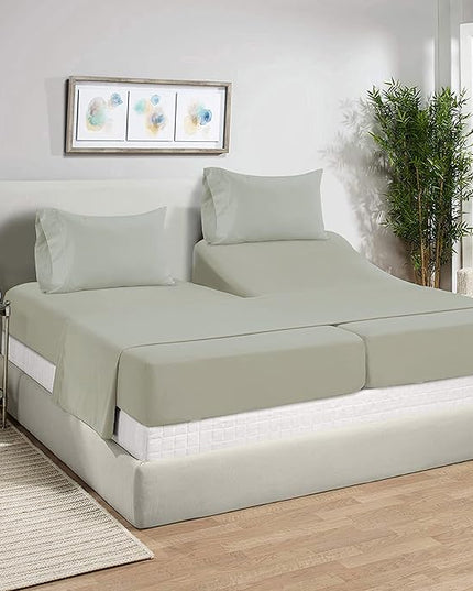 LANE LINEN Split King Sheets for Adjustable Beds - 1000 Thread Count 5 Piece Set 100% Egyptian Cotton Sateen Weave Cool Breathable & Soft 2 Fitted Fits Upto 17" Deep Pockets Mineral - LeafyLoom