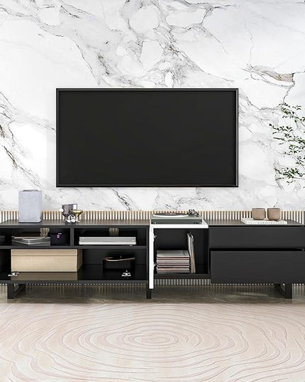 Inch Modern Stand with Double Storage, Drop Down Doors, Cable Management-Media Console Table, Entertainment Center for Living Room, Bedroom, Support 80" TV, Black - LeafyLoom