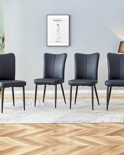 Modern Dining Chairs Set of 4, PU Leather Seat Cushions Black Dining Room Chair, with Black Metal Legs Kitchen Chair for Home Living Room, Restaurant, Black Chair Black Legs - LeafyLoom