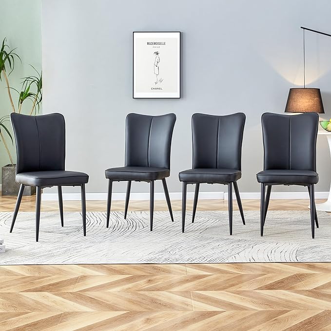 Modern Dining Chairs Set of 4, PU Leather Seat Cushions Black Dining Room Chair, with Black Metal Legs Kitchen Chair for Home Living Room, Restaurant, Black Chair Black Legs - LeafyLoom