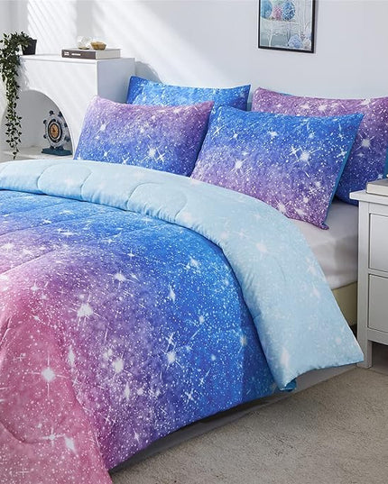 Rainbow Glitter Comforter Set Twin Size for Girls, Sparkle Galaxy Twinkle Starlight Comforter for Kids,2 Piece Aqua Blue Purple Pink Ombre Pastel Bedding Set with 1 Pillow Case(Rainbow,Twin) - LeafyLoom