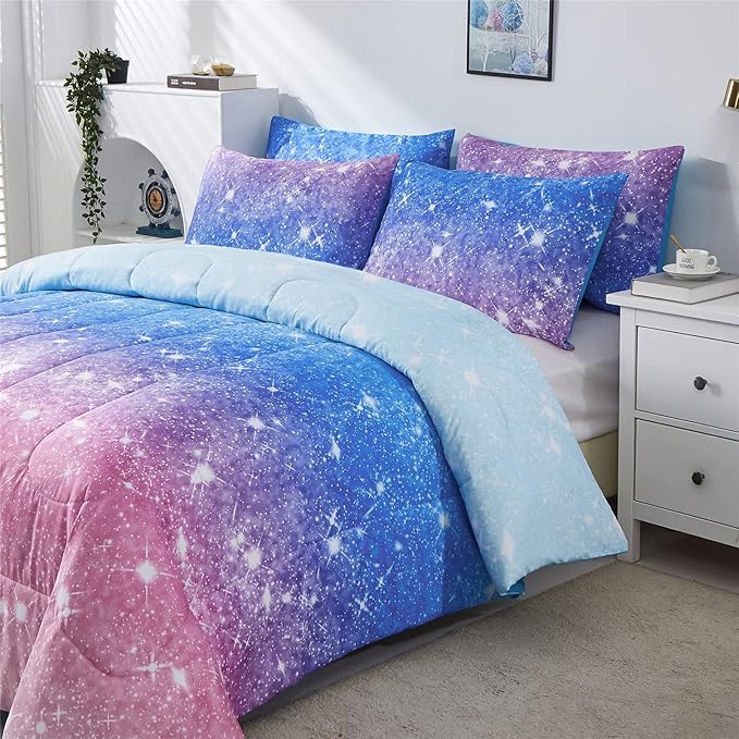 Rainbow Glitter Comforter Set Twin Size for Girls, Sparkle Galaxy Twinkle Starlight Comforter for Kids,2 Piece Aqua Blue Purple Pink Ombre Pastel Bedding Set with 1 Pillow Case(Rainbow,Twin) - LeafyLoom