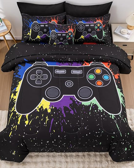 8Pcs Gamer Comforter Set with Sheets for Boys Girls Kids Teens, Colorful Graffiti Gaming Themed Bed in A Bag Queen Size, Black 3D Video Game Controller Bedroom Decor Bedding Set-Black - LeafyLoom