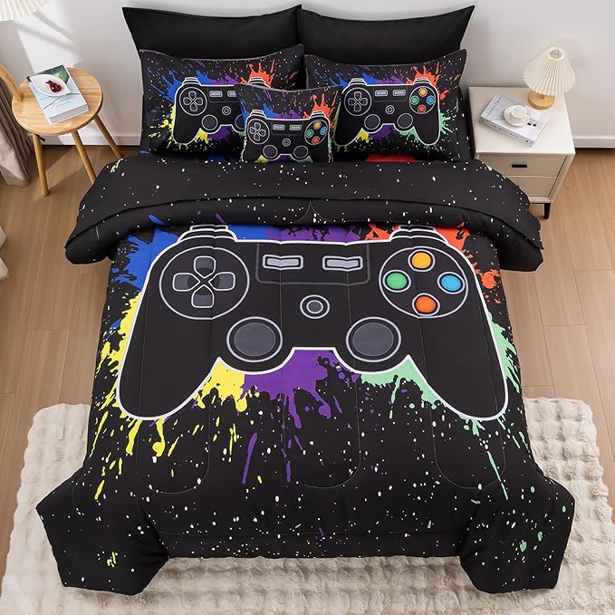 8Pcs Gamer Comforter Set with Sheets for Boys Girls Kids Teens, Colorful Graffiti Gaming Themed Bed in A Bag Full Size, Black 3D Video Game Controller Bedroom Decor Bedding Set-Black - LeafyLoom