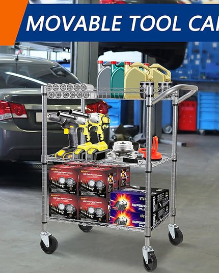 3 Tier Heavy Duty Rolling Utility Cart,18" D x 30" W x 36.6" H Rolling Carts with Wheels,Commercial Grade Metal Cart with Handle Bar & Shelf Liner,Trolley Serving Storage Cart for Kitchen Silver - LeafyLoom