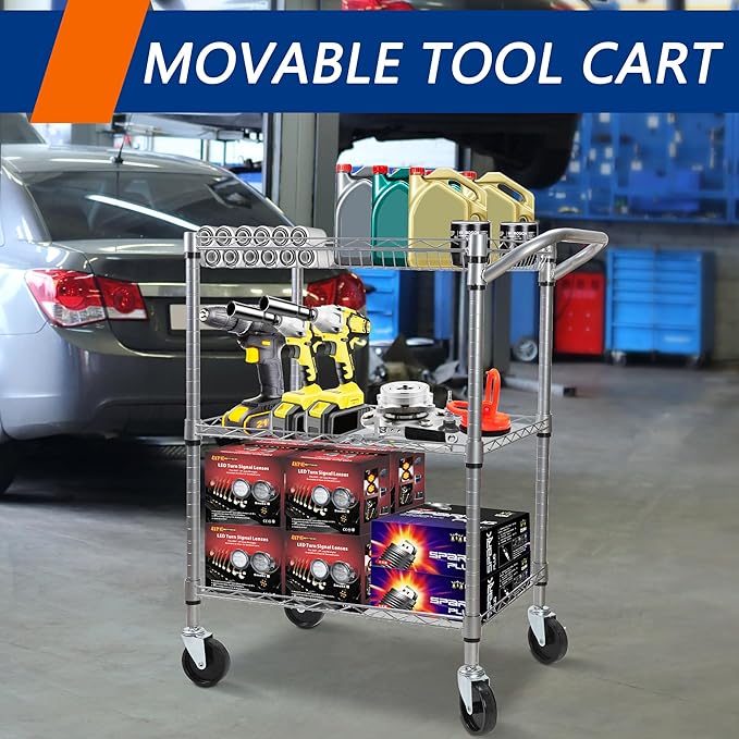 3 Tier Heavy Duty Rolling Utility Cart,18" D x 30" W x 36.6" H Rolling Carts with Wheels,Commercial Grade Metal Cart with Handle Bar & Shelf Liner,Trolley Serving Storage Cart for Kitchen Silver - LeafyLoom