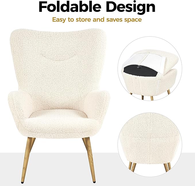 Yaheetech Boucle Vanity Chair, Modern Fluffy Accent Chair, Armchair with High Back and Wood-Tone Metal Legs, Downy Barrel Chair Soft Backrest for Living Room Bedroom Home Office, Ivory - LeafyLoom