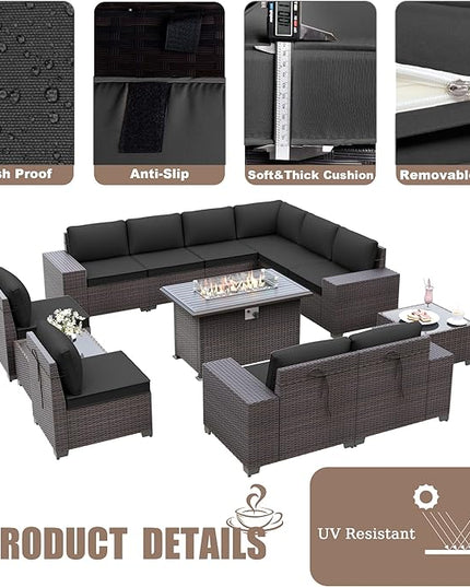 Patio Furniture Sectional Sofa Set 13PCS PE Rattan Patio Conversation Set w/43in Gas Fire Pit Table, Outdoor Furniture with 55000 BTU Propane Fire Pit, Black - LeafyLoom