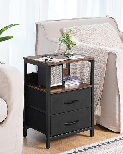 Yoobure Nightstand with Charging Station, Small Night Stand with Fabric Drawers and Storage Shelf for Bedrooms, Nightstands for Small Spaces, Bedside Table with USB Ports & Outlets, Bed Side Table - LeafyLoom