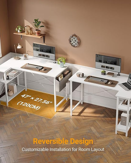 BANTI L Shaped Small Computer Desk with Storage Shelves, 40" Home Office Small Corner Desk Study Writing Table, White - LeafyLoom