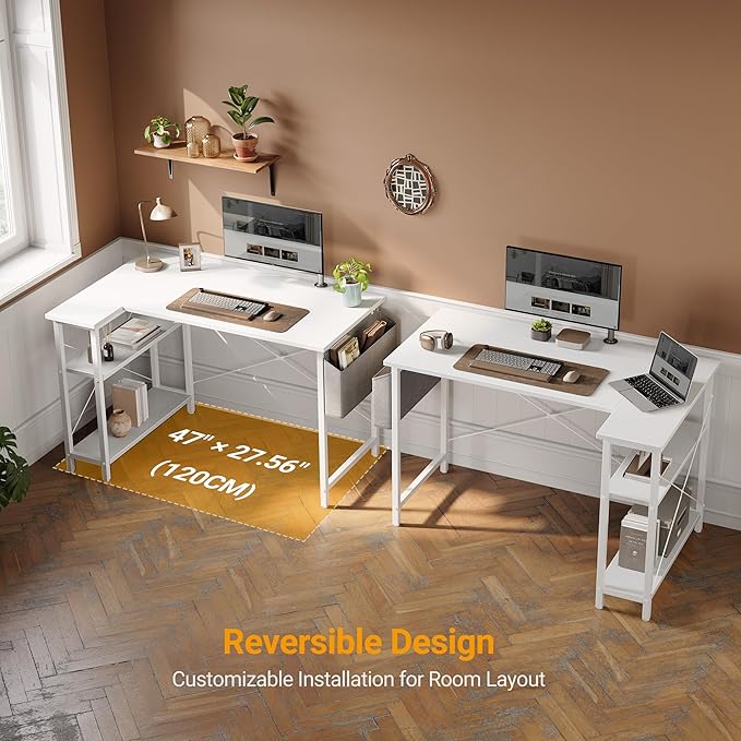 BANTI L Shaped Small Computer Desk with Storage Shelves, 40" Home Office Small Corner Desk Study Writing Table, White - LeafyLoom