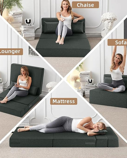 Convertible Folding Sofa Bed - Sleeper Chair with Pillow, Modern Linen Fabric Floor & Futon Couch, Foldable Mattress for Living Room/Dorm/Guest/Home Office/Apartment, Standard Size, Dark Gray - LeafyLoom