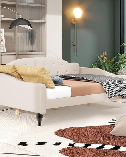 Full Size Upholstered Daybed,Linen Sofa Bed with Button Tufted Back & Nailhead Decorated Waved Shape Arms,Slat Support,No Spring Box Need,Bedframe for Bedroom Livingroom Small Space,Beige - LeafyLoom
