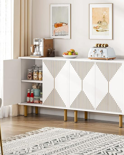 White Sideboard Buffet Cabinet, Modern Storage Cabinet with 4 Doors, Cupboard Console Table for Dining Room Living Room - LeafyLoom