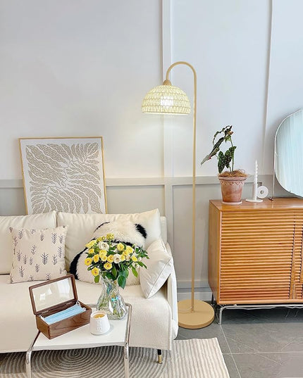 Boho Rattan floor lamp with Natural Rattan Shade, Rustic Arc Standing Lamp for Coastal, Beach or Bohemian Style Decor, E26 bulb, On/Off Footswitch Lamp for living room, Bedroom - LeafyLoom