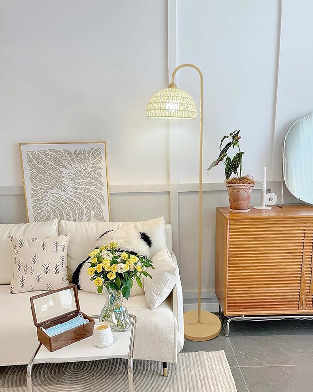 Boho Rattan floor lamp with Natural Rattan Shade, Rustic Arc Standing Lamp for Coastal, Beach or Bohemian Style Decor, E26 bulb, On/Off Footswitch Lamp for living room, Bedroom - LeafyLoom