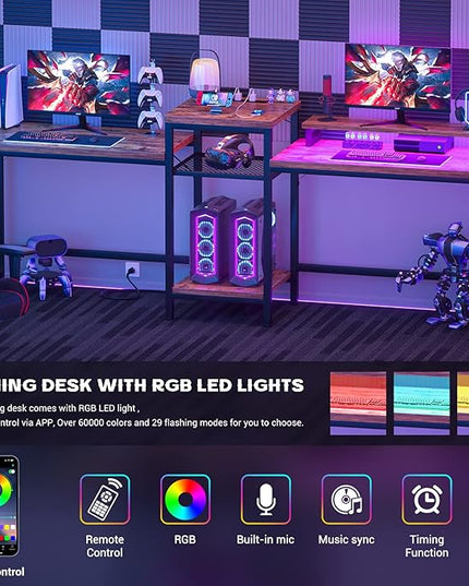Unikito Double Computer Desk with LED Strip and Power Outlet, 2 Person Desk with Monitor Stand and Storage, Ergonomic Computer Desk with Printer Stand for Home Office, Long Gaming desk, Rustic Brown - LeafyLoom