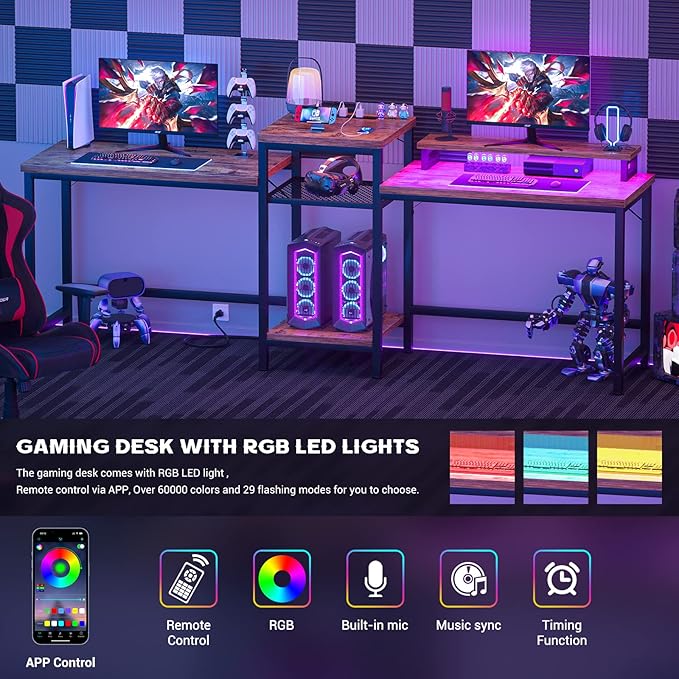 Unikito Double Computer Desk with LED Strip and Power Outlet, 2 Person Desk with Monitor Stand and Storage, Ergonomic Computer Desk with Printer Stand for Home Office, Long Gaming desk, Rustic Brown - LeafyLoom
