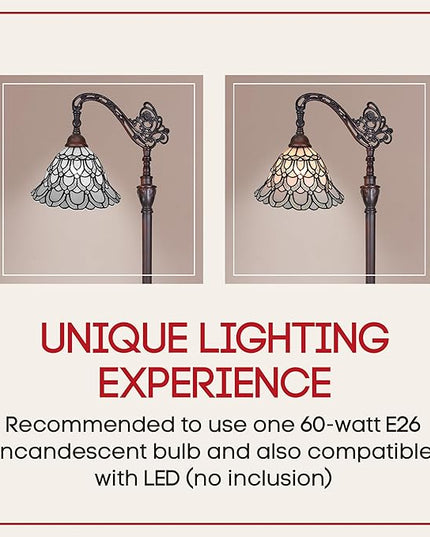 Amora Tiffany Floor Lamp Torchiere - Arched Style Peacock Floor Lamp - 62” Tall Peacock Floor Stained Glass Lamp - Tiffany Floor Lamps for Living Room - LeafyLoom