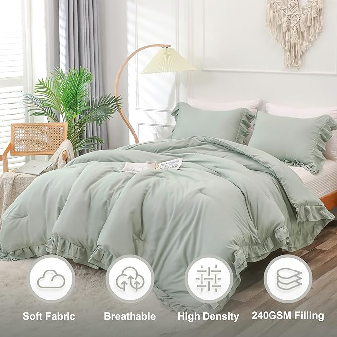 Sage Green Double Ruffle Comforter Set King Size (104x90 Inch), 3 Pcs Farmhouse Vintage Comforter Set (1 Ruffled Comforter and 2 Pillowcase), Rustic All Season Down Alternative Bedding Set - LeafyLoom